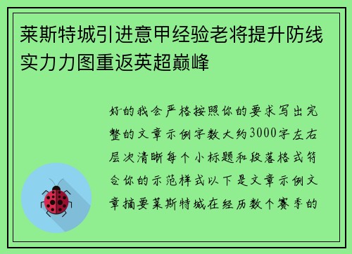 莱斯特城引进意甲经验老将提升防线实力力图重返英超巅峰 莱斯特城引进意甲经验老将提升防线实力力图重返英超巅峰