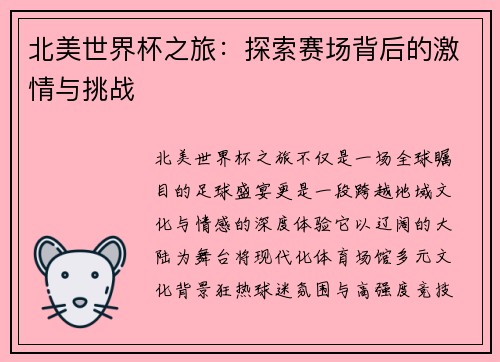 北美世界杯之旅：探索赛场背后的激情与挑战