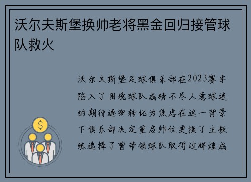 沃尔夫斯堡换帅老将黑金回归接管球队救火 沃尔夫斯堡换帅老将黑金回归接管球队救火