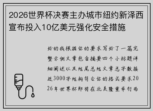 2026世界杯决赛主办城市纽约新泽西宣布投入10亿美元强化安全措施